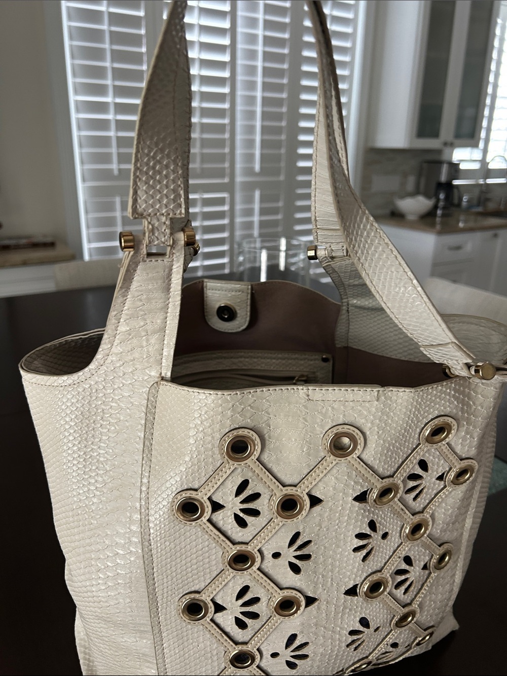 Cream Eyelet-Accent Tote Bag with Gold Hardware